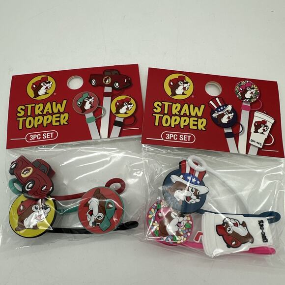Buc-ee's Straw Topper 2 Pack 3 Piece Each Set NEW - Picture 1 of 3